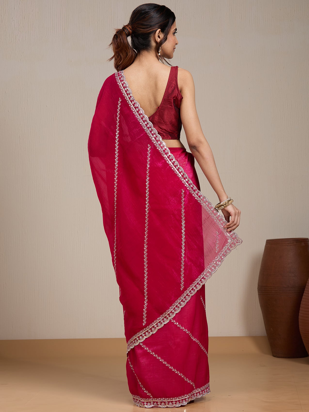 Vervee Couture Pink Embellished Poly Georgette Saree with Heavy Border | EKA