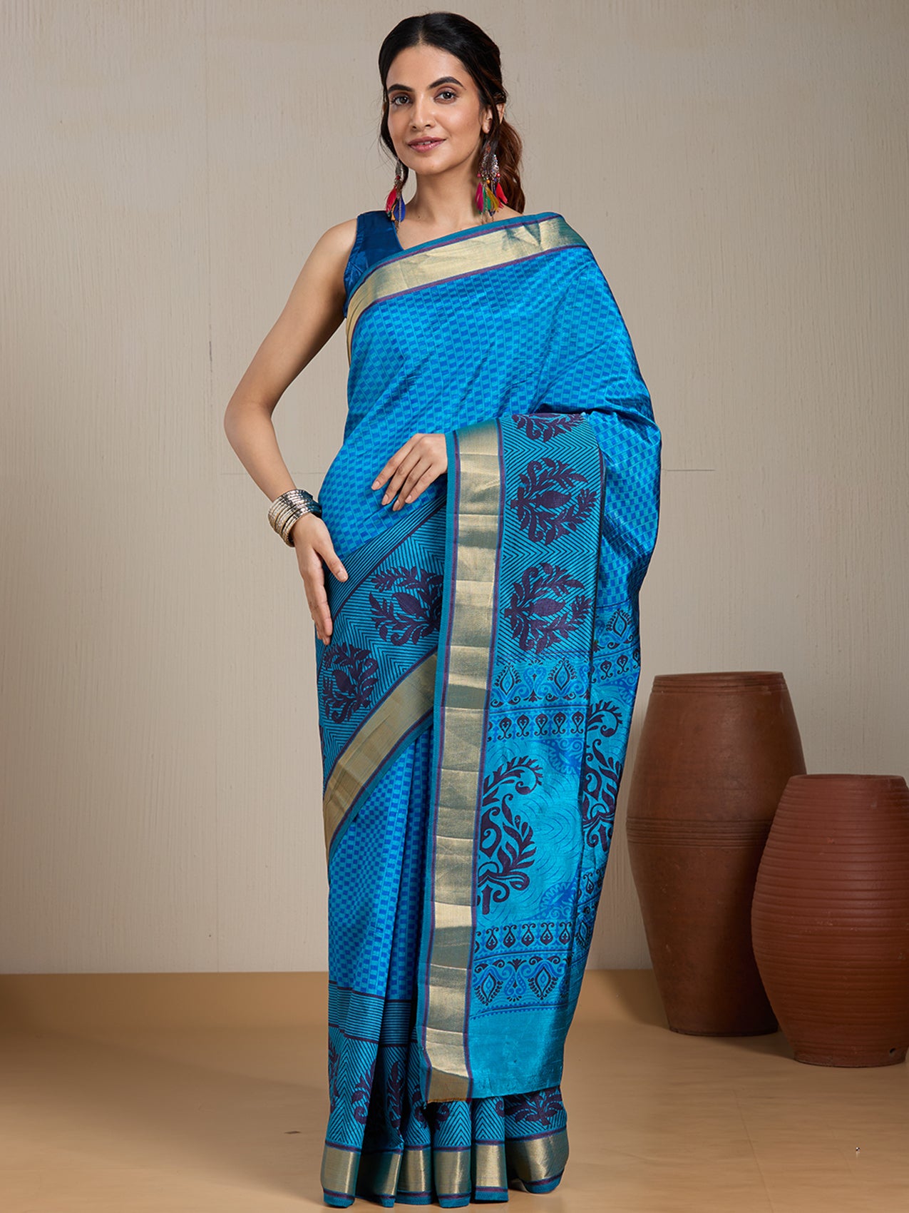 Vervee Couture Blue Gold Woven Silk Blend Saree | EKA
