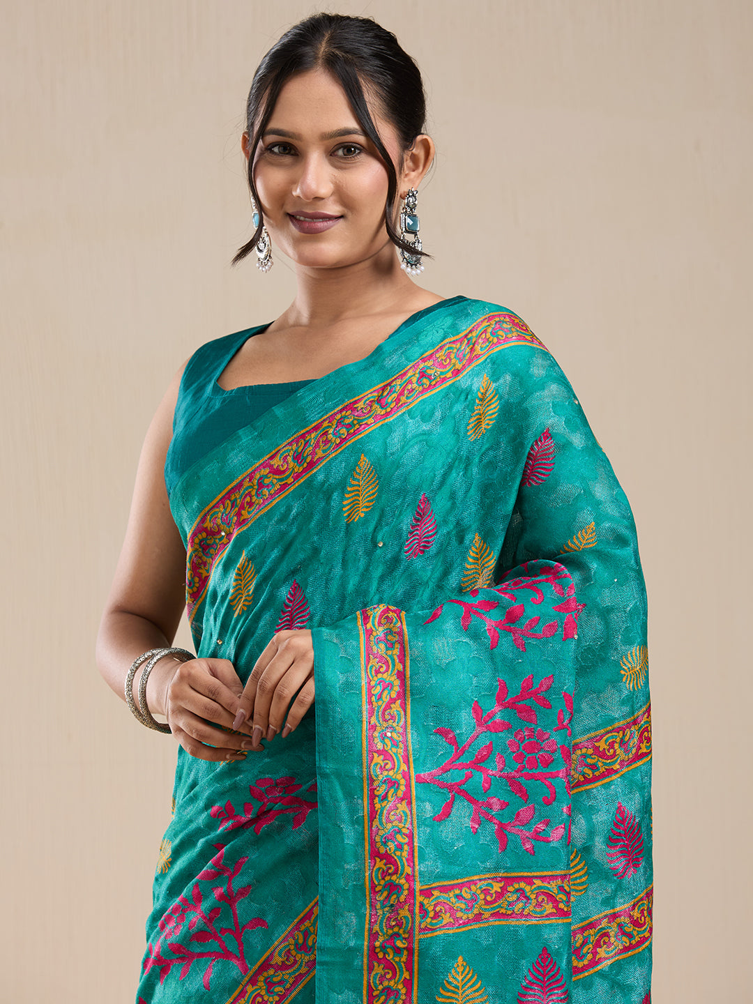 Vervee Couture Teal Pink Printed Poly Georgette Saree with Semi Stitched Blouse | EKA