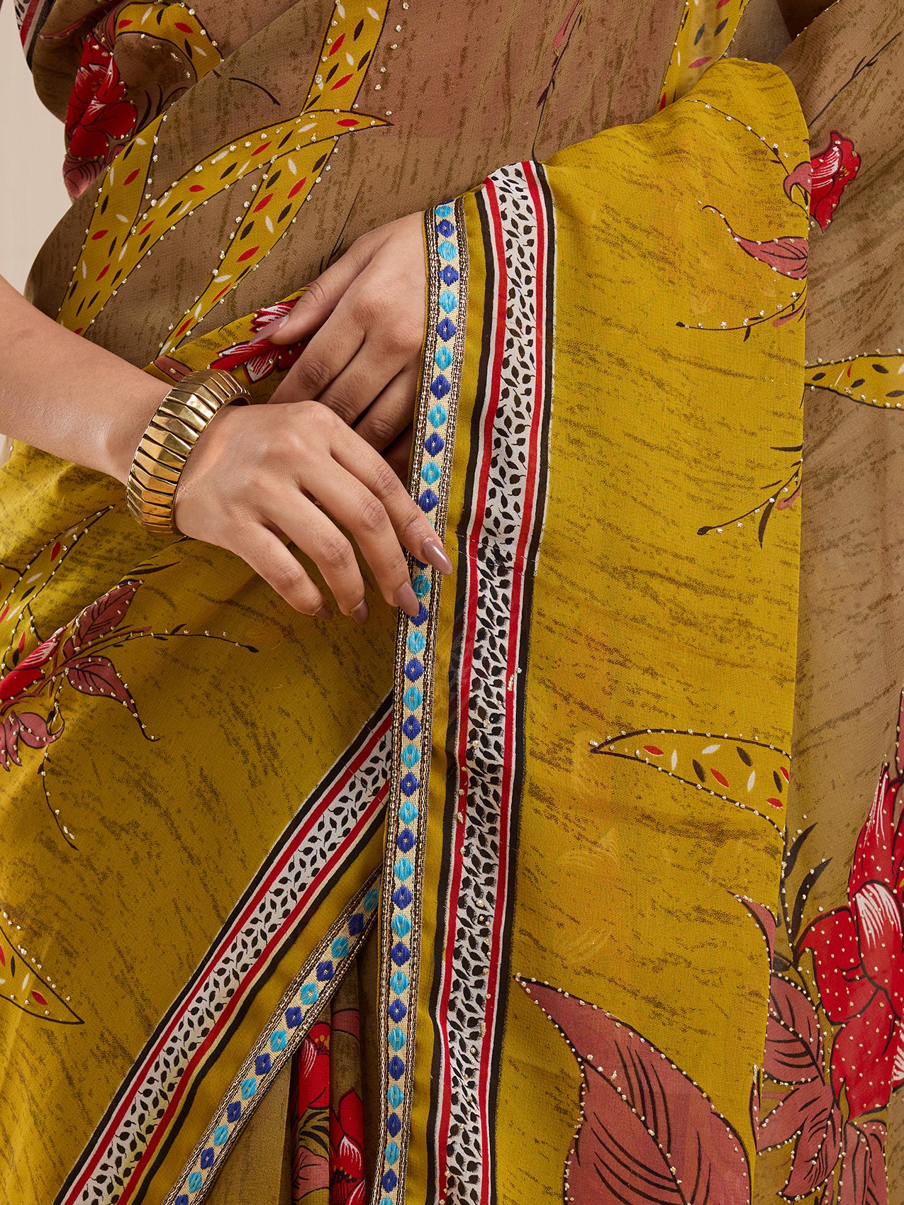 Vervee Couture Mustard Brown Floral Poly Georgette Saree | EKA