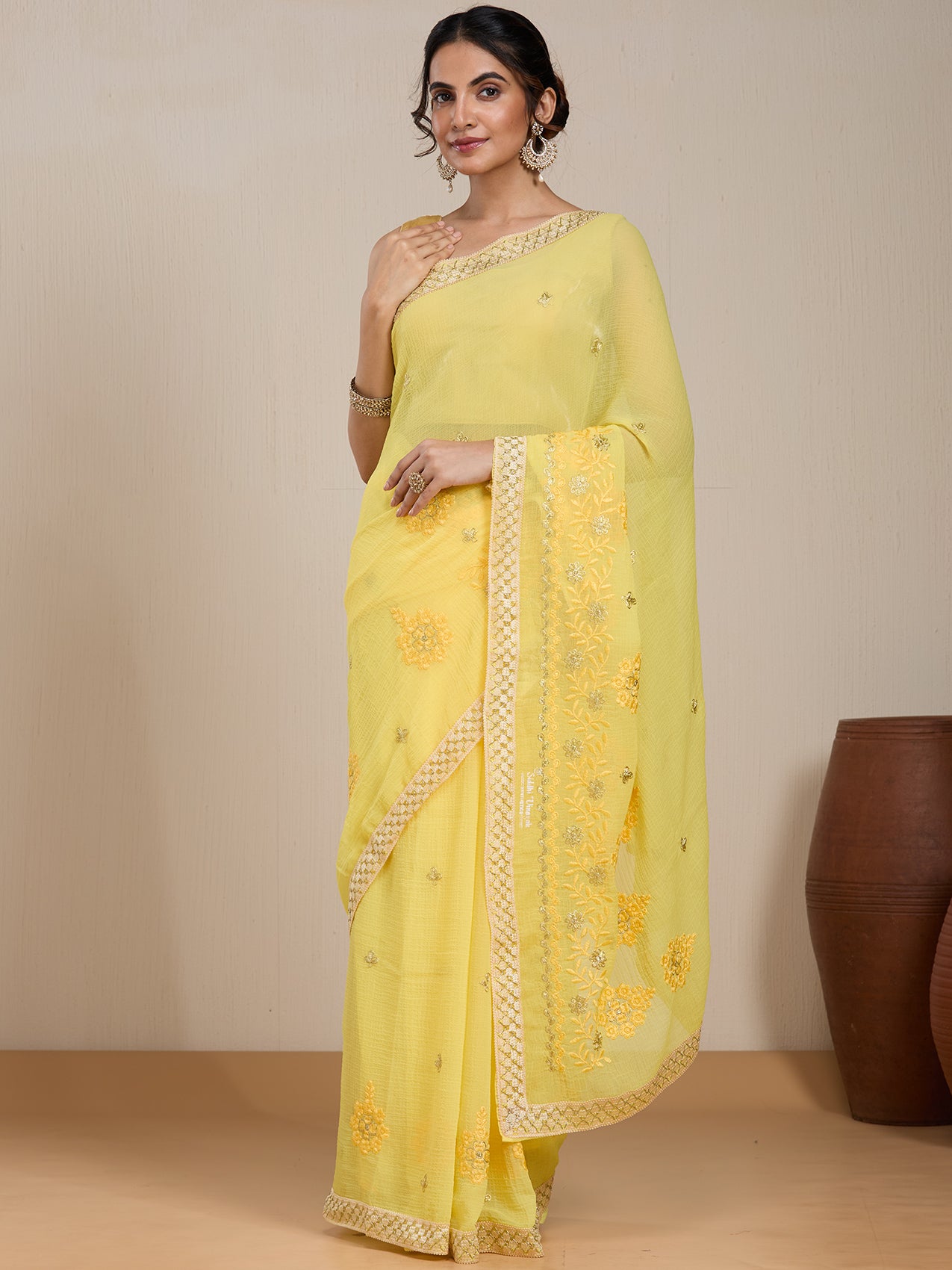 Vervee Couture Yellow White Floral Poly Georgette Saree | EKA