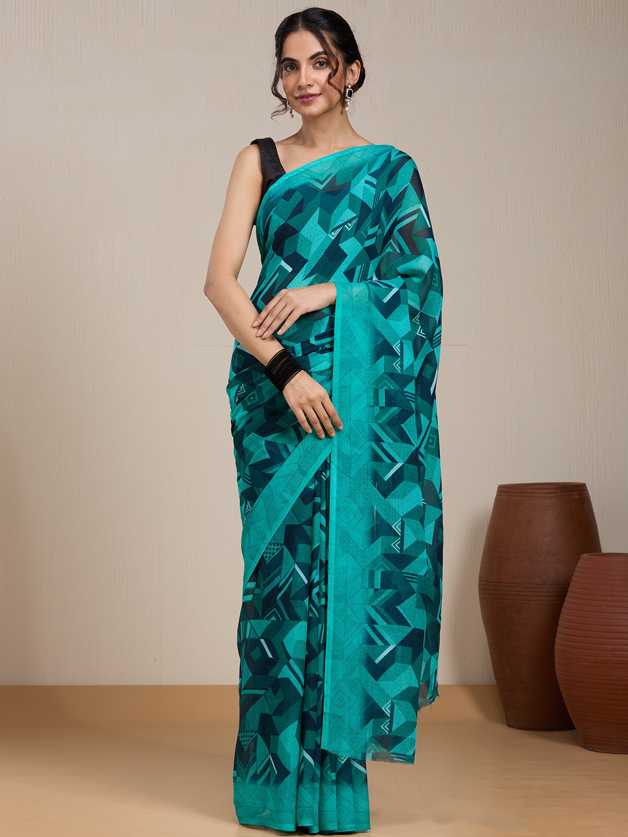 Vervee Couture Teal Printed Poly Georgette Saree | EKA