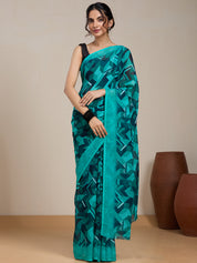 Vervee Couture Teal Printed Poly Georgette Saree | EKA
