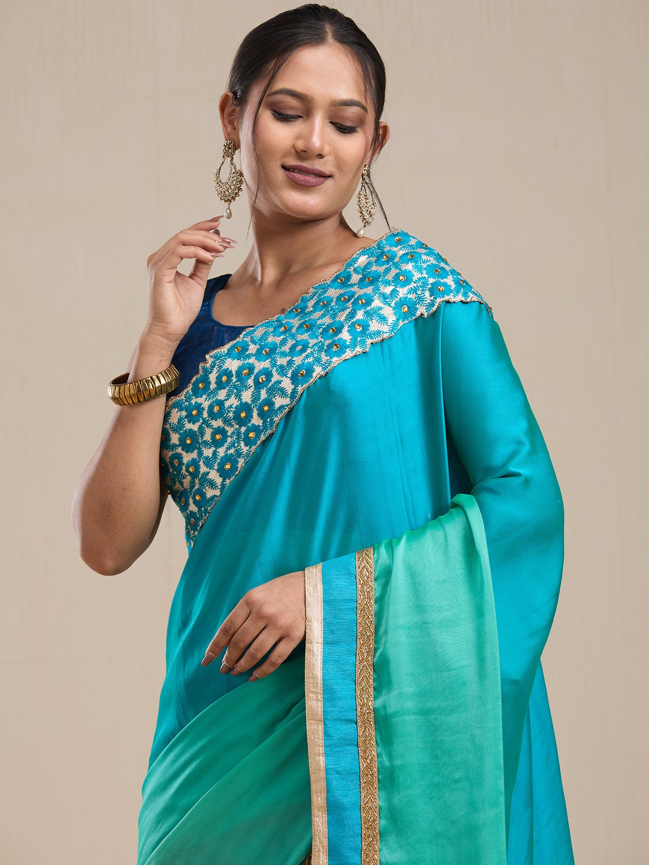 Vervee Couture Blue Silk Blend Saree with Embellished Border | EKA