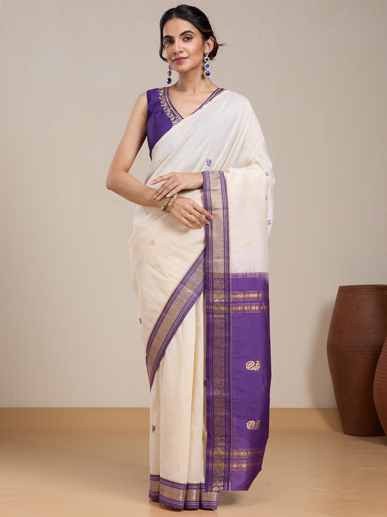 Vervee Couture Off White Purple Woven Silk Blend Saree with Semi Stitched Blouse | EKA
