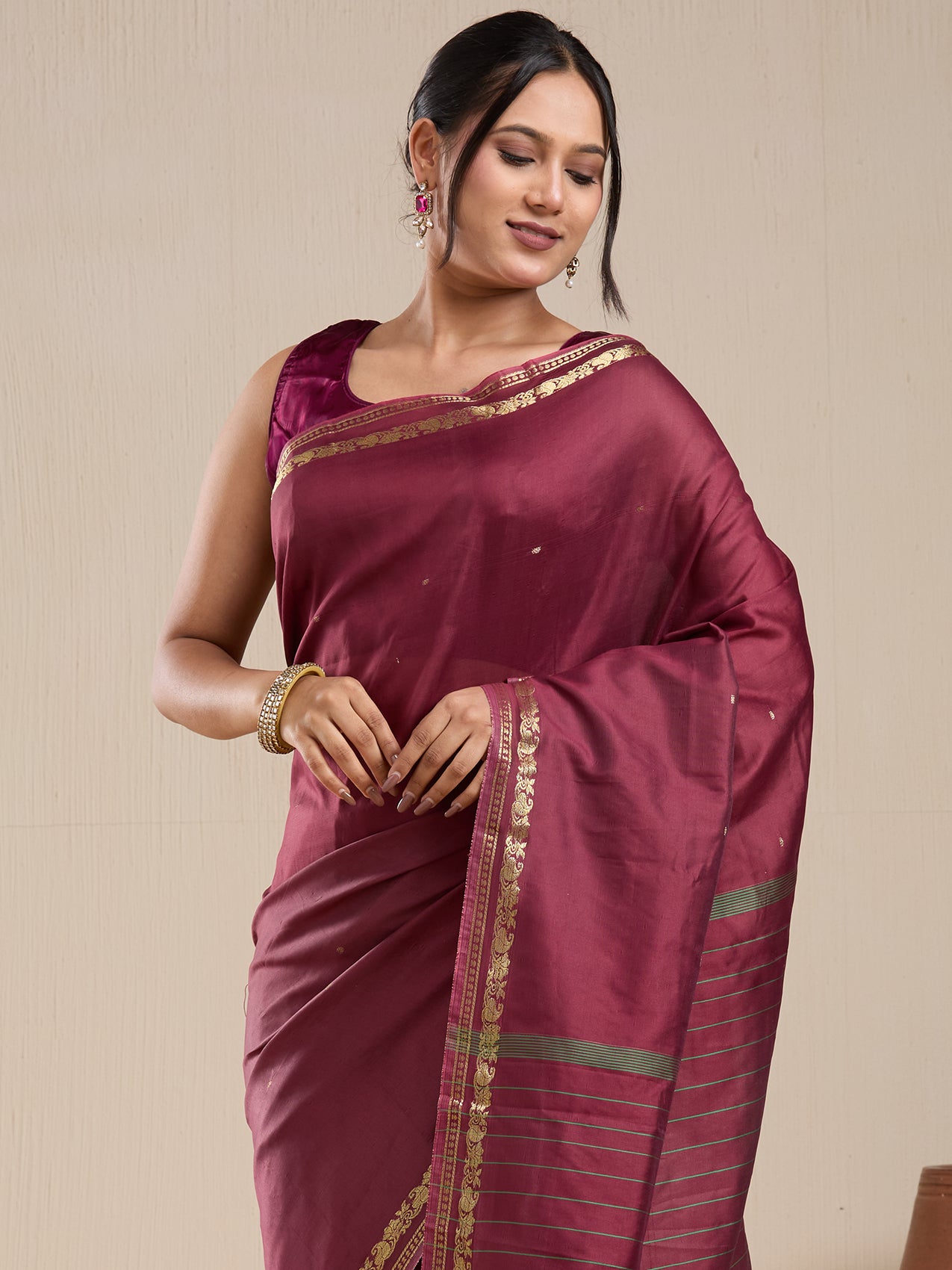 Vervee Couture Maroon Silk Blend Saree with Zari Border and Semi Stitched Blouse | EKA