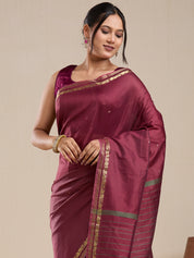 Vervee Couture Maroon Silk Blend Saree with Zari Border and Semi Stitched Blouse | EKA