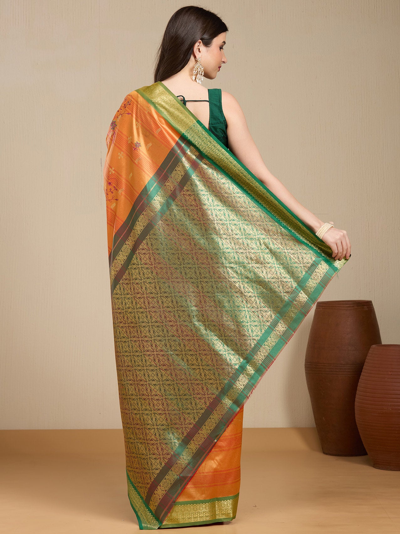 Vervee Couture Orange Silk Blend Saree with Green Zari Border | EKA