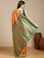 Vervee Couture Orange Silk Blend Saree with Green Zari Border | EKA