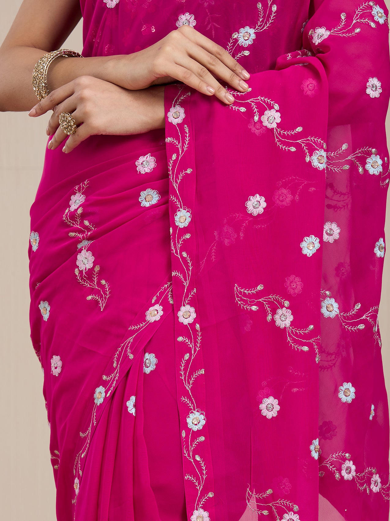 Vervee Couture Pink Embroidered Poly Georgette Saree with Semi Stitched Blouse | EKA