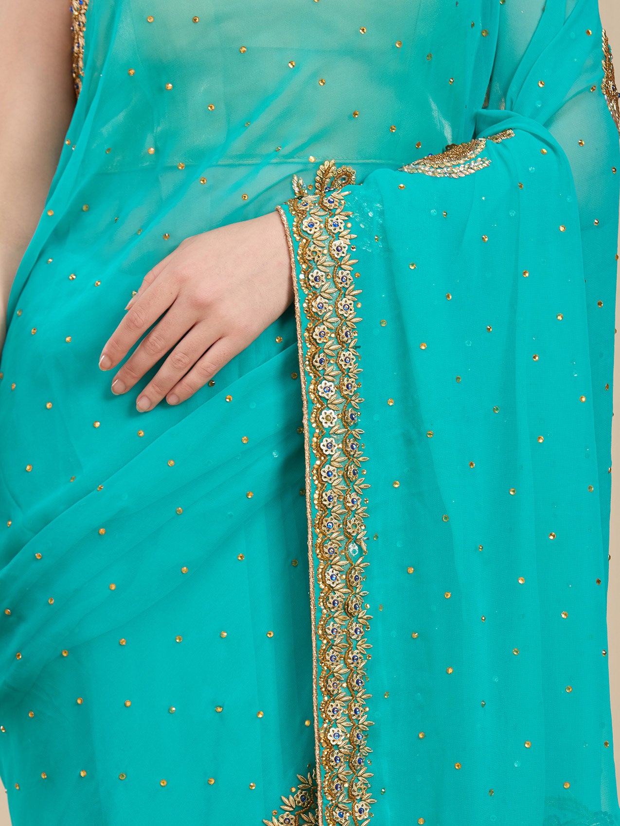 Vervee Couture Turquoise Blue Poly Georgette Saree with Embellished Border | EKA
