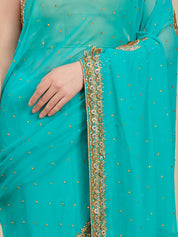 Vervee Couture Turquoise Blue Poly Georgette Saree with Embellished Border | EKA
