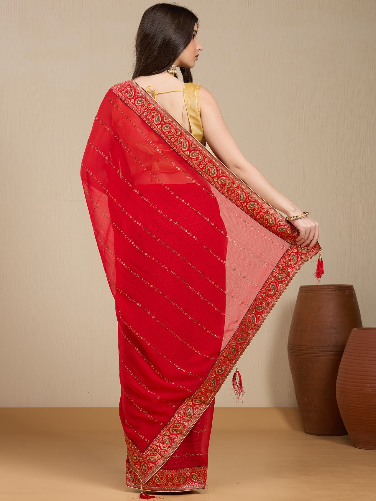 Vervee Couture Red Poly Georgette Saree with Zari Border | EKA
