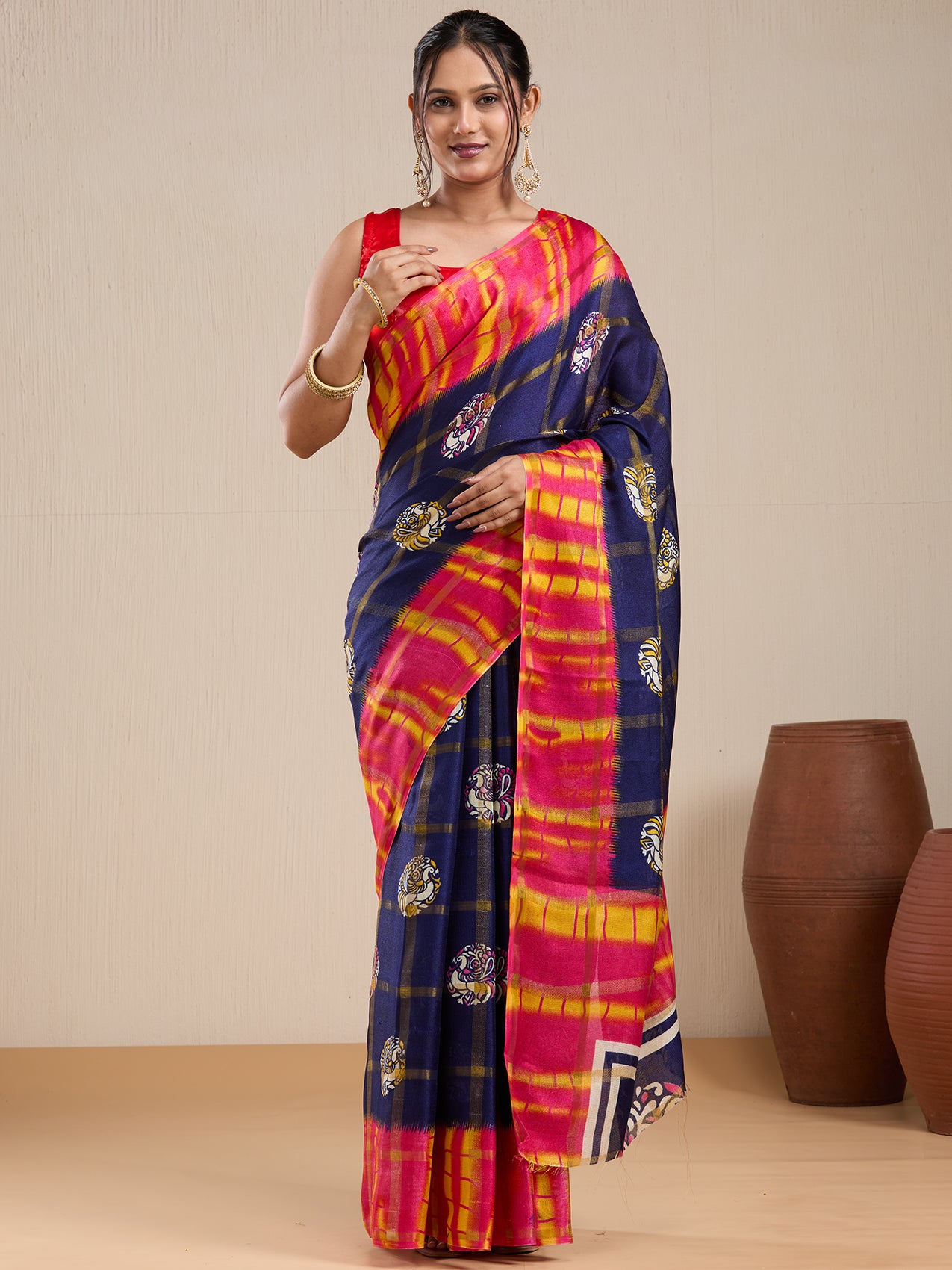 Vervee Couture Red Ikat Silk Blend Saree with Contrast Pallu and Semi Stitched Blouse | EKA