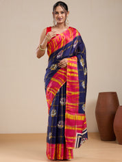 Vervee Couture Red Ikat Silk Blend Saree with Contrast Pallu and Semi Stitched Blouse | EKA