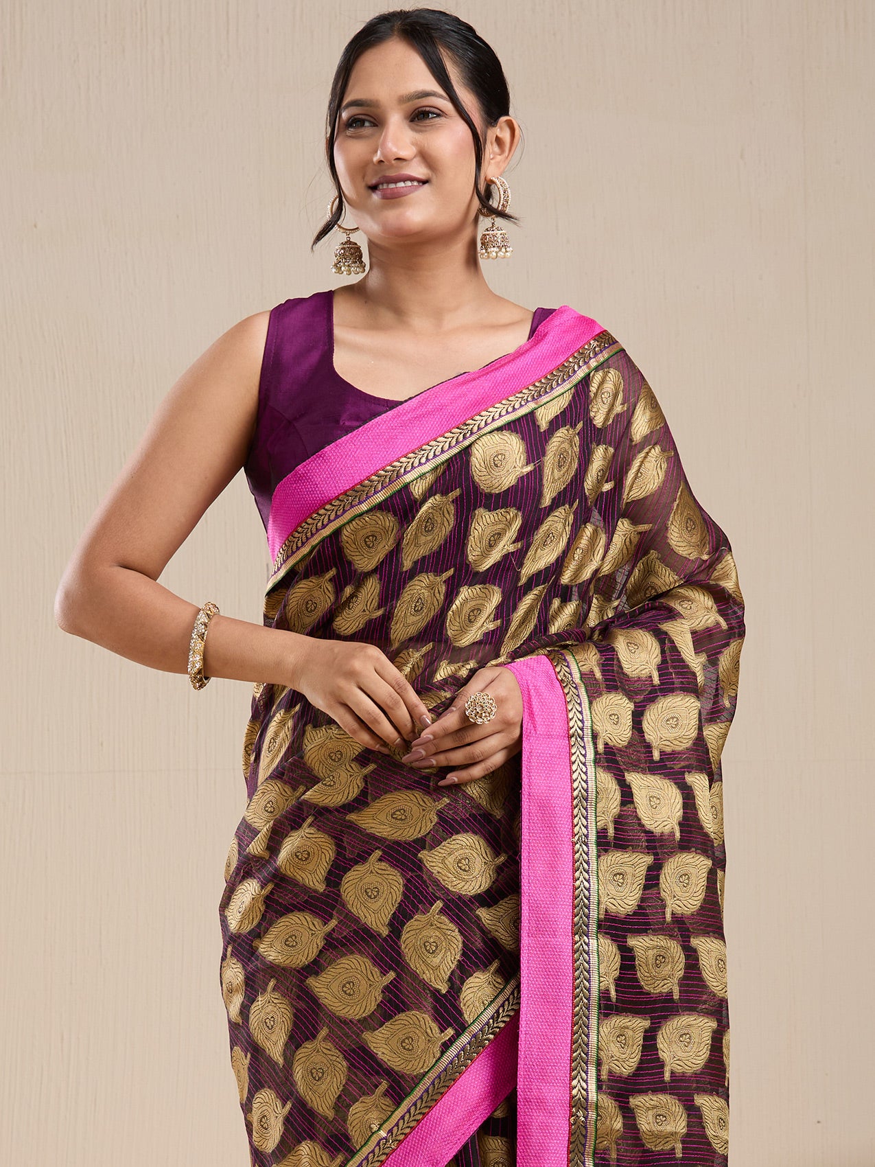 Vervee Couture Brown Woven Silk Blend Saree with Contrast Border and Semi Stitched Blouse | EKA