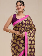 Vervee Couture Brown Woven Silk Blend Saree with Contrast Border and Semi Stitched Blouse | EKA