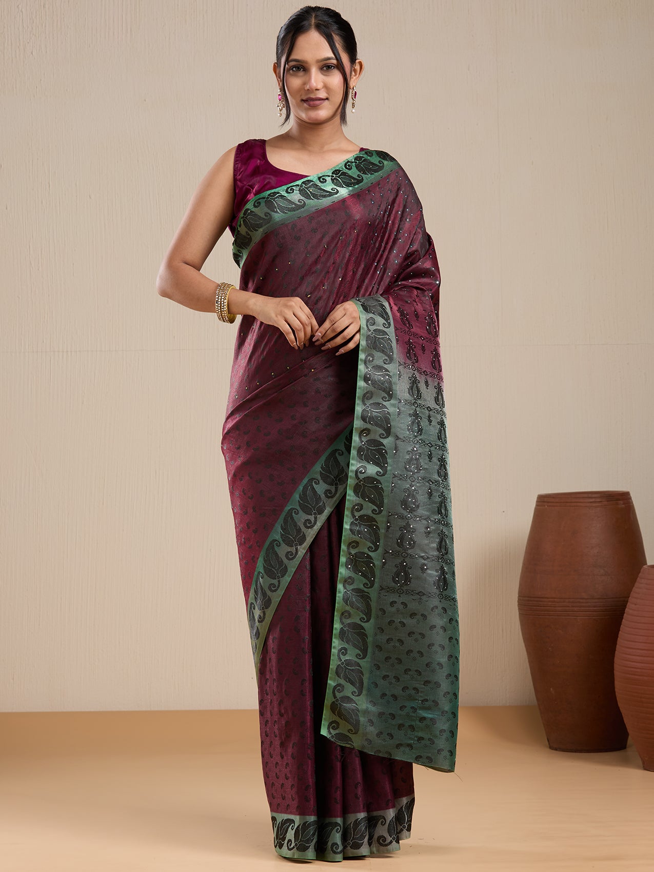 Vervee Couture Green Banarasi Silk Blend Saree with Zari Border and Semi Stitched Blouse | EKA