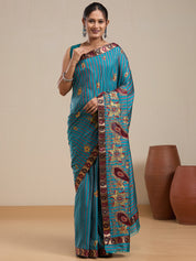 Vervee Couture Teal Silk Blend Saree with Thread Work Border and Semi Stitched Blouse | EKA