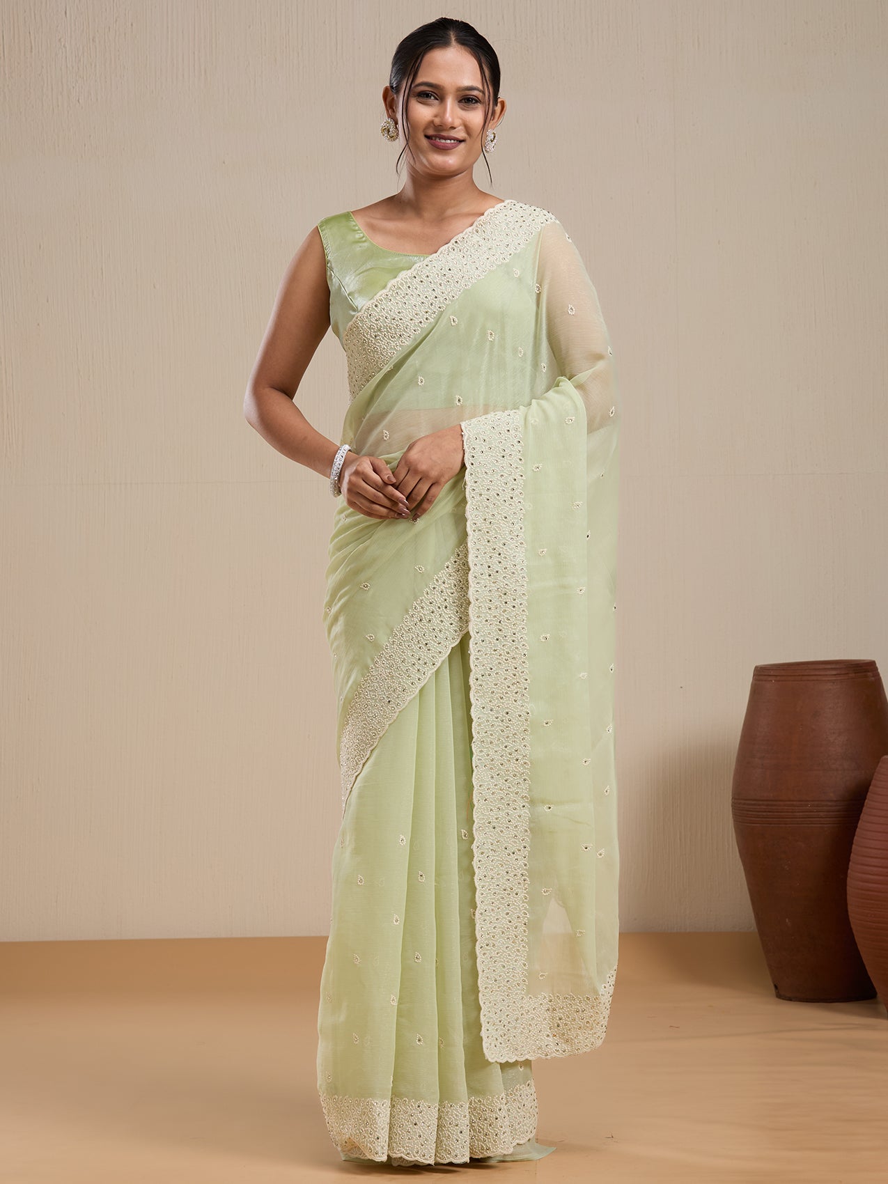 Vervee Couture Green Poly Georgette Saree with Lace Border and Semi Stitched Blouse | EKA