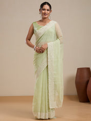 Vervee Couture Green Poly Georgette Saree with Lace Border and Semi Stitched Blouse | EKA