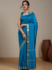 Vervee Couture Blue Silk Blend Saree with Zari Border and Semi Stitched Blouse | EKA