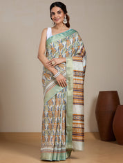 Vervee Couture Cream Green Ethnic Printed Silk Blend Saree with Zari Border | EKA