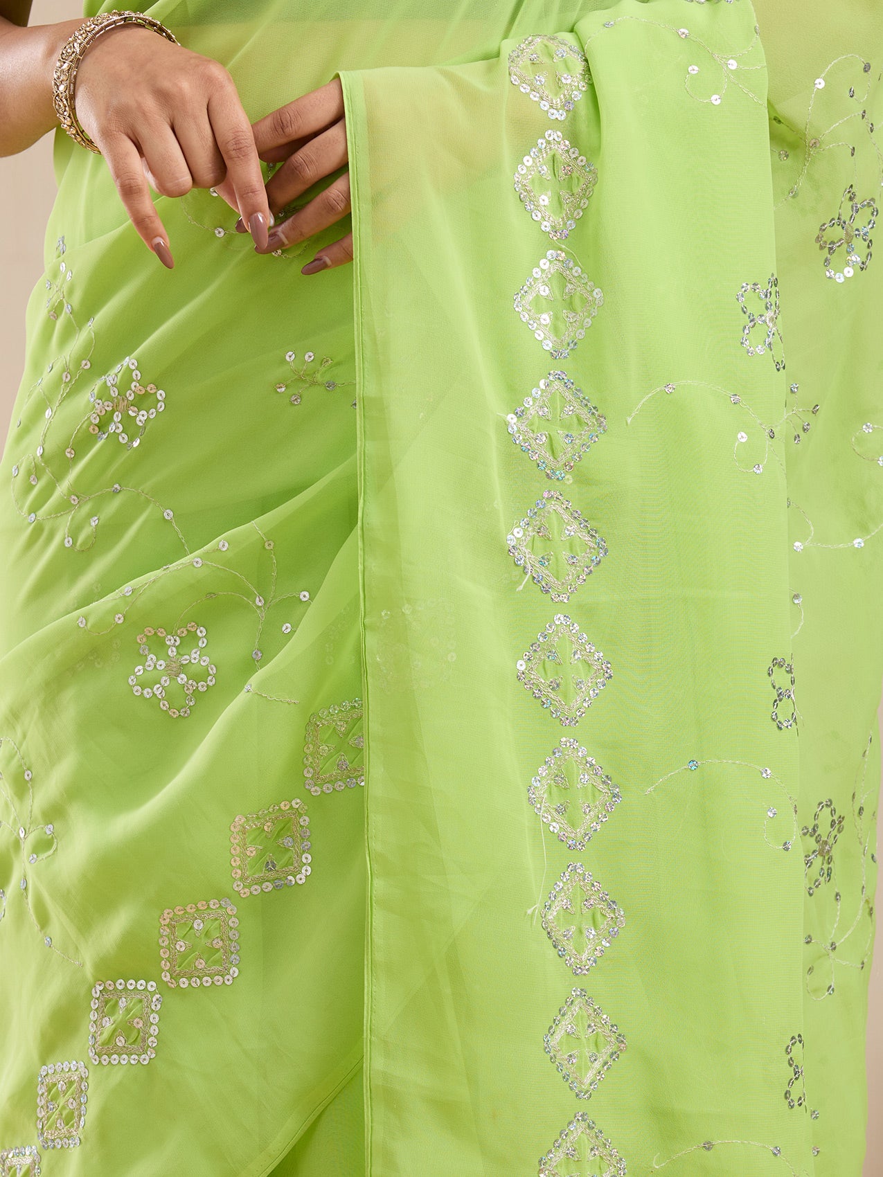 Vervee Couture Light Green Poly Georgette Saree with Sequinned Work | EKA