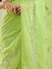 Vervee Couture Light Green Poly Georgette Saree with Sequinned Work | EKA