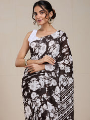 Vervee Couture Dark Brown White Floral Poly Georgette Saree | EKA