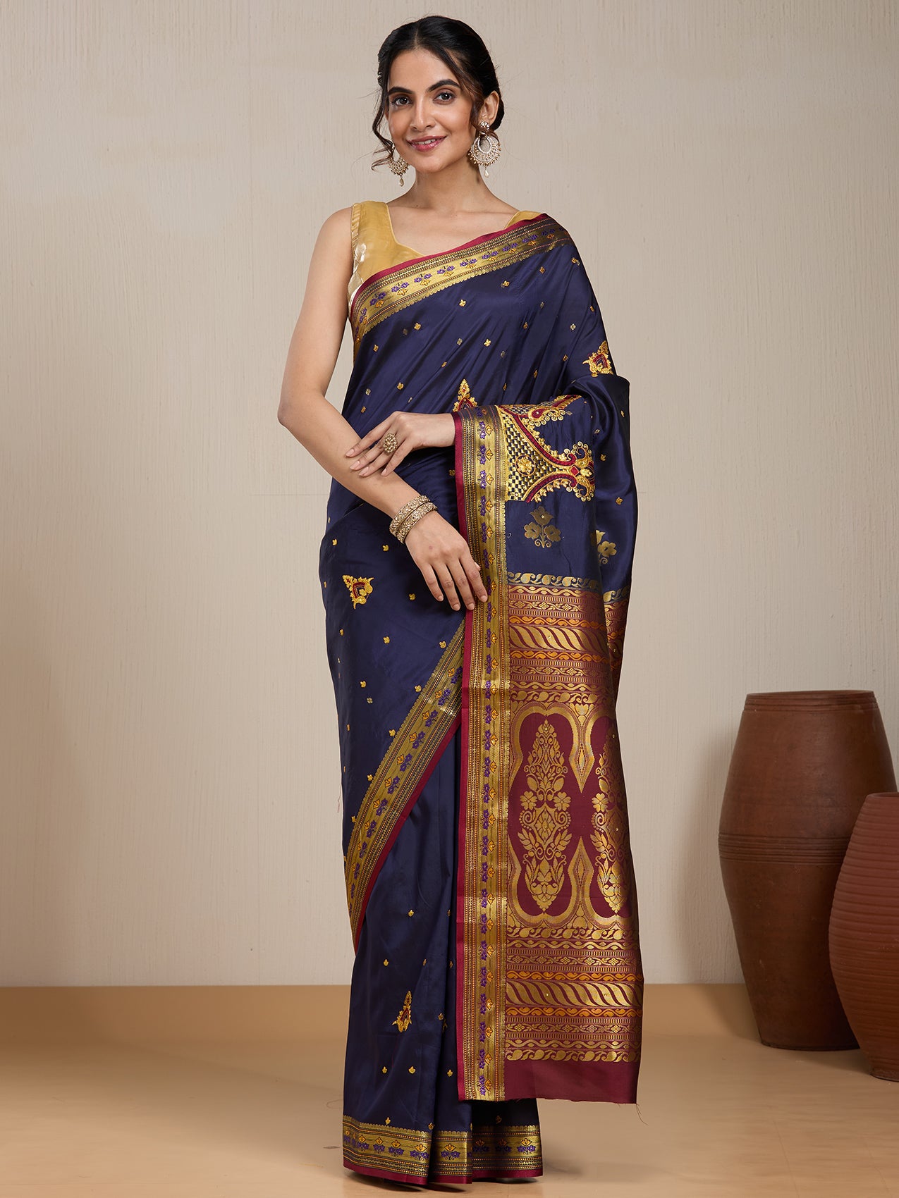 Vervee Couture Navy Blue Gold Woven Silk Blend Saree | EKA