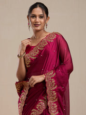 Vervee Couture Maroon Poly Georgette Saree with Heavy Embroidery and Semi Stitched Blouse | EKA