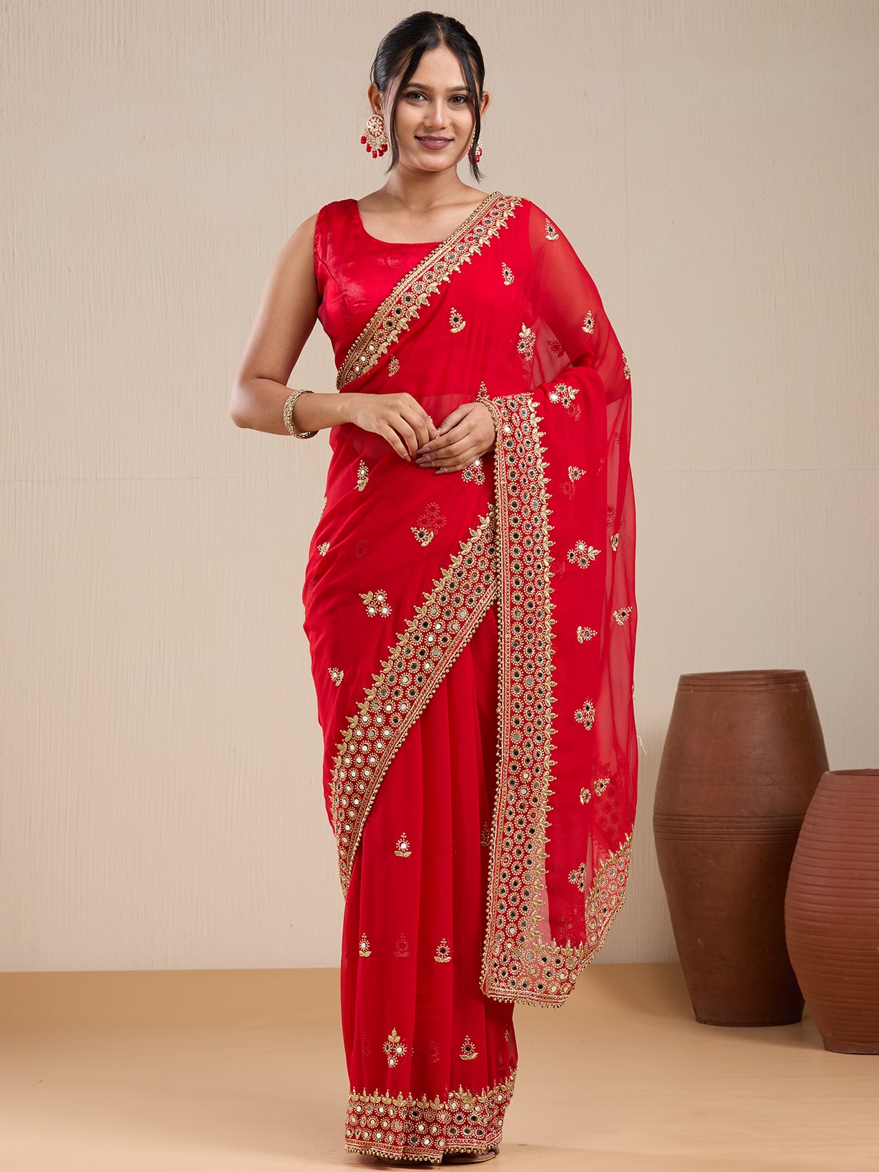 Vervee Couture Red Poly Georgette Saree with Embellished Border | EKA