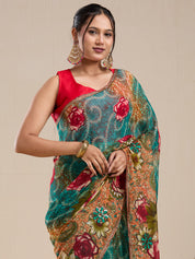 Vervee Couture Teal Red Floral Poly Georgette Saree | EKA