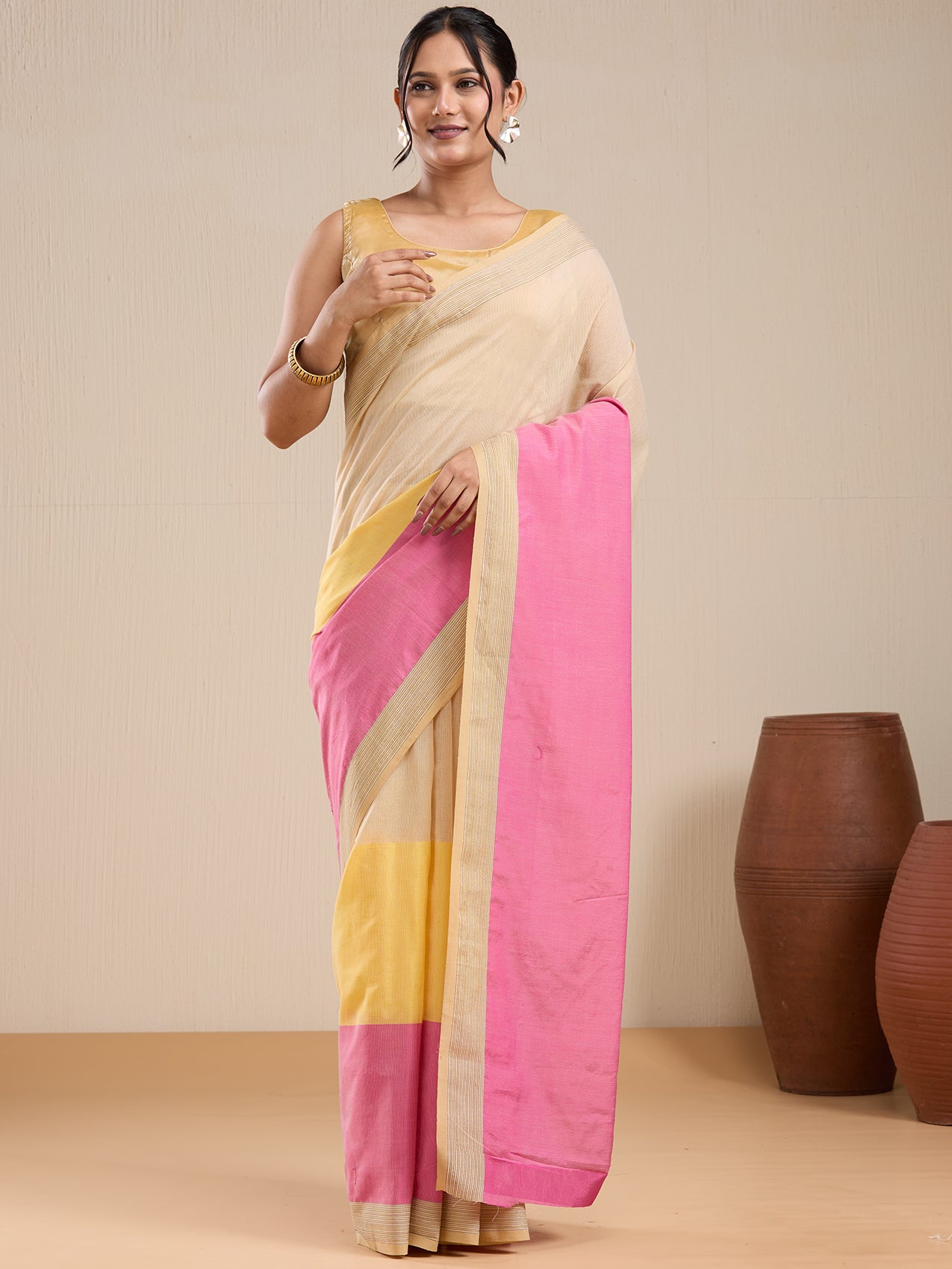 Vervee Couture Beige Pink Colourblock Silk Blend Saree with Semi Stitched Blouse | EKA
