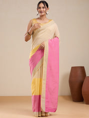 Vervee Couture Beige Pink Colourblock Silk Blend Saree with Semi Stitched Blouse | EKA