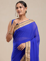 Vervee Couture Blue Poly Georgette Saree with Zari Border and Semi Stitched Blouse | EKA