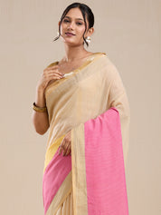 Vervee Couture Beige Pink Colourblock Silk Blend Saree with Semi Stitched Blouse | EKA