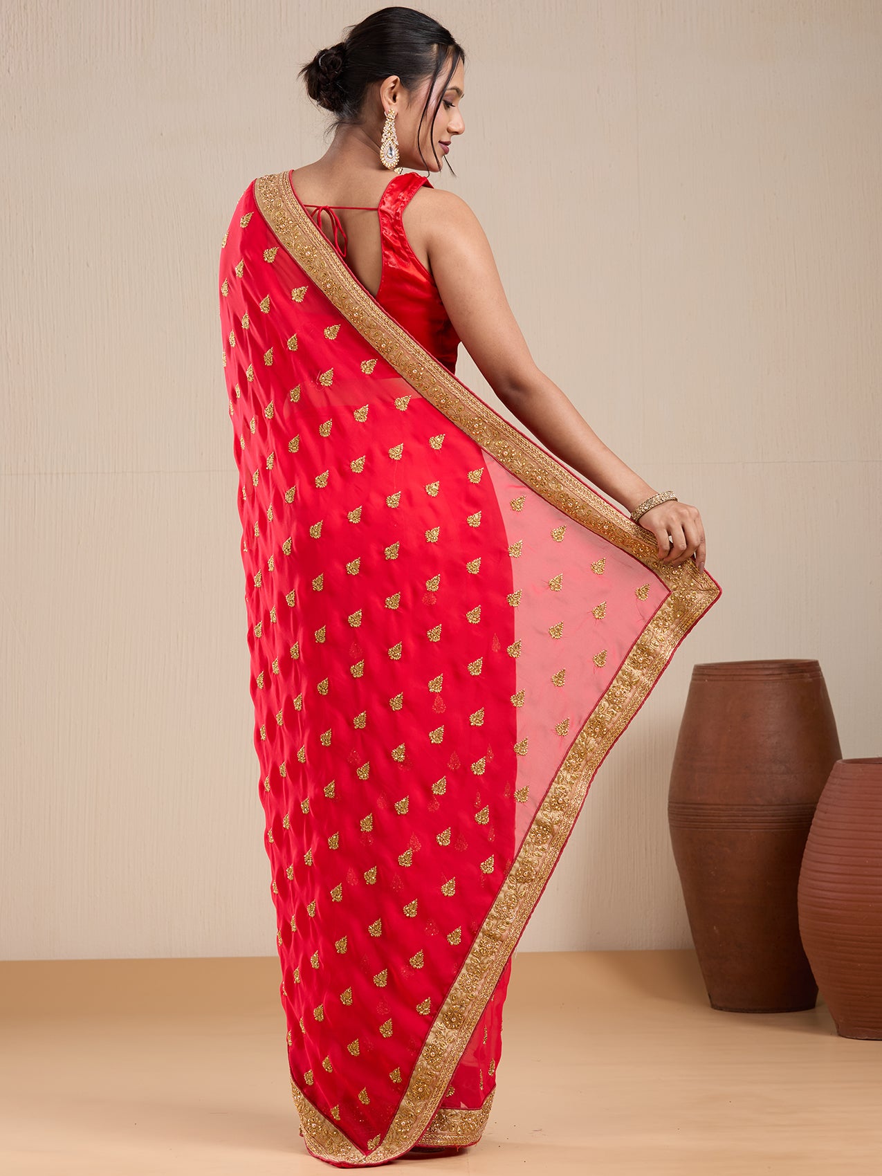 Vervee Couture Red Poly Georgette Saree with Woven Butti Border | EKA