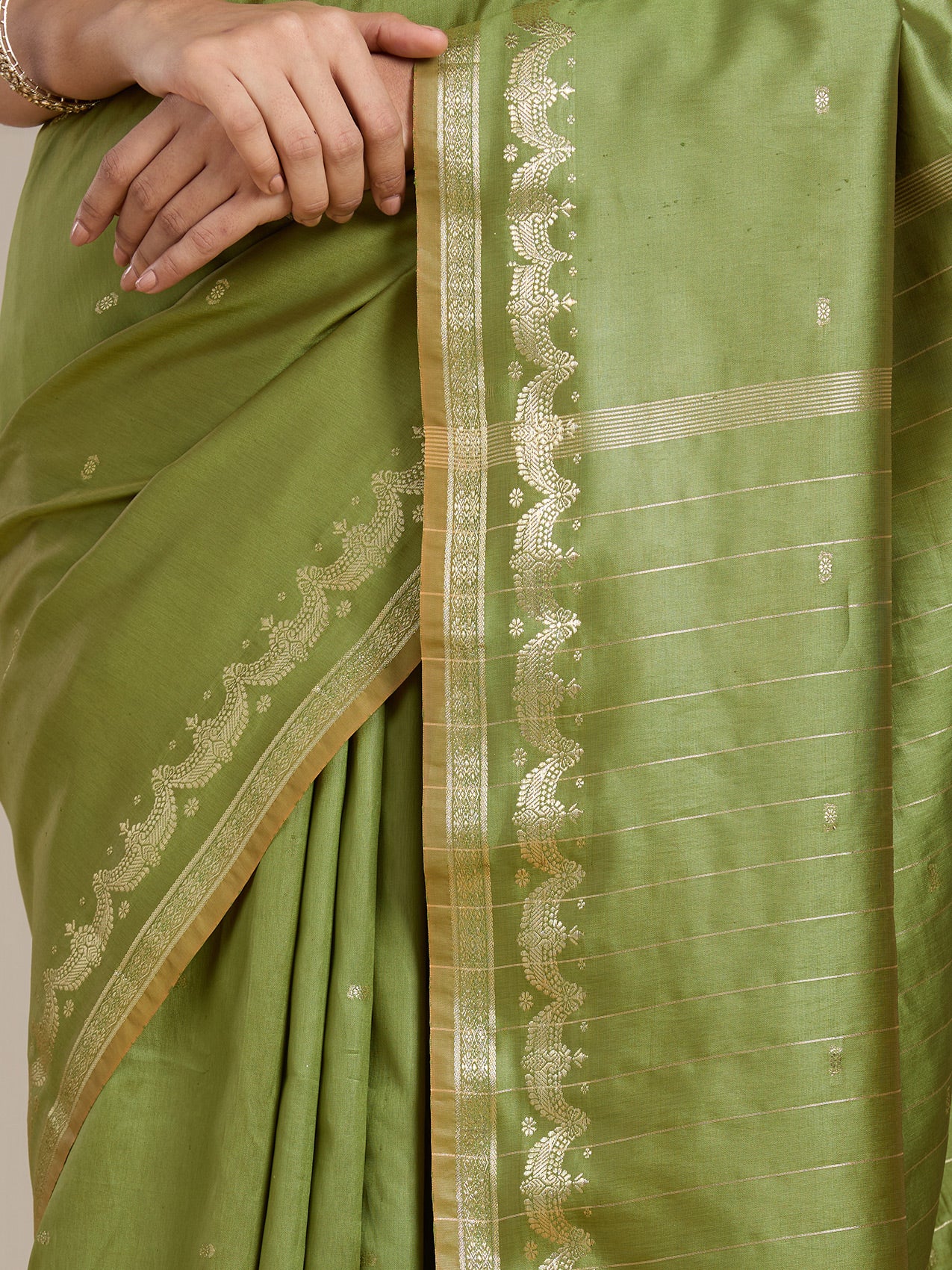 Vervee Couture Olive Green Gold Woven Silk Blend Saree with Semi Stitched Blouse | EKA