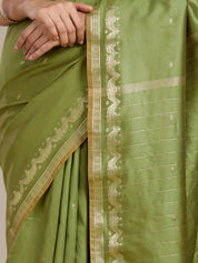 Vervee Couture Olive Green Gold Woven Silk Blend Saree with Semi Stitched Blouse | EKA