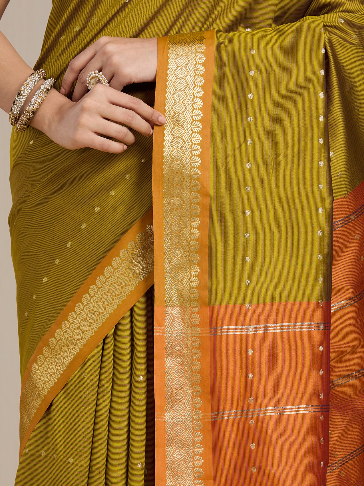 Vervee Couture Olive Green Rust Orange Woven Silk Blend Saree | EKA