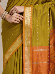 Vervee Couture Olive Green Rust Orange Woven Silk Blend Saree | EKA