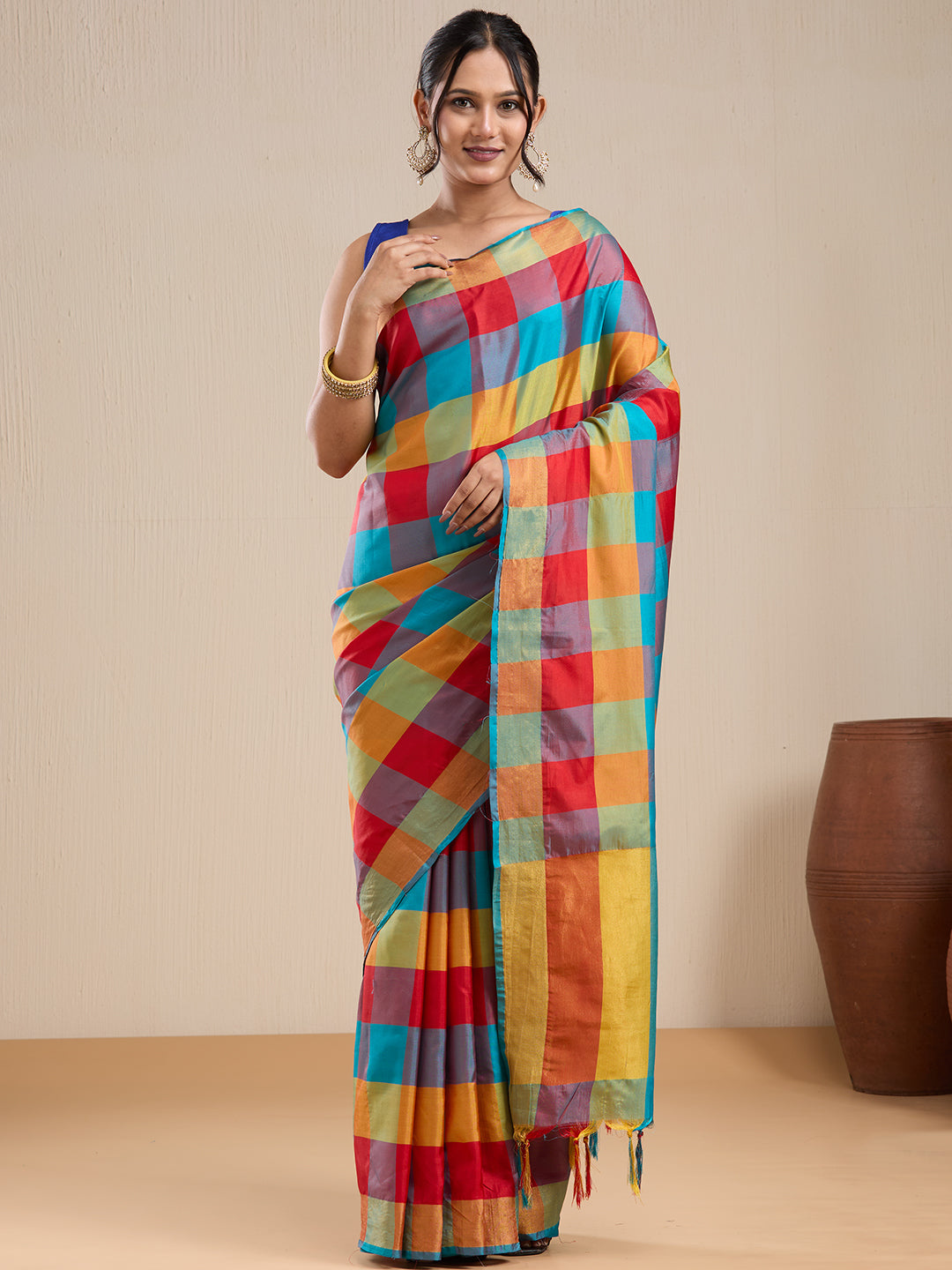 Vervee Couture Multicolour Silk Blend Saree with Semi Stitched Blouse | EKA