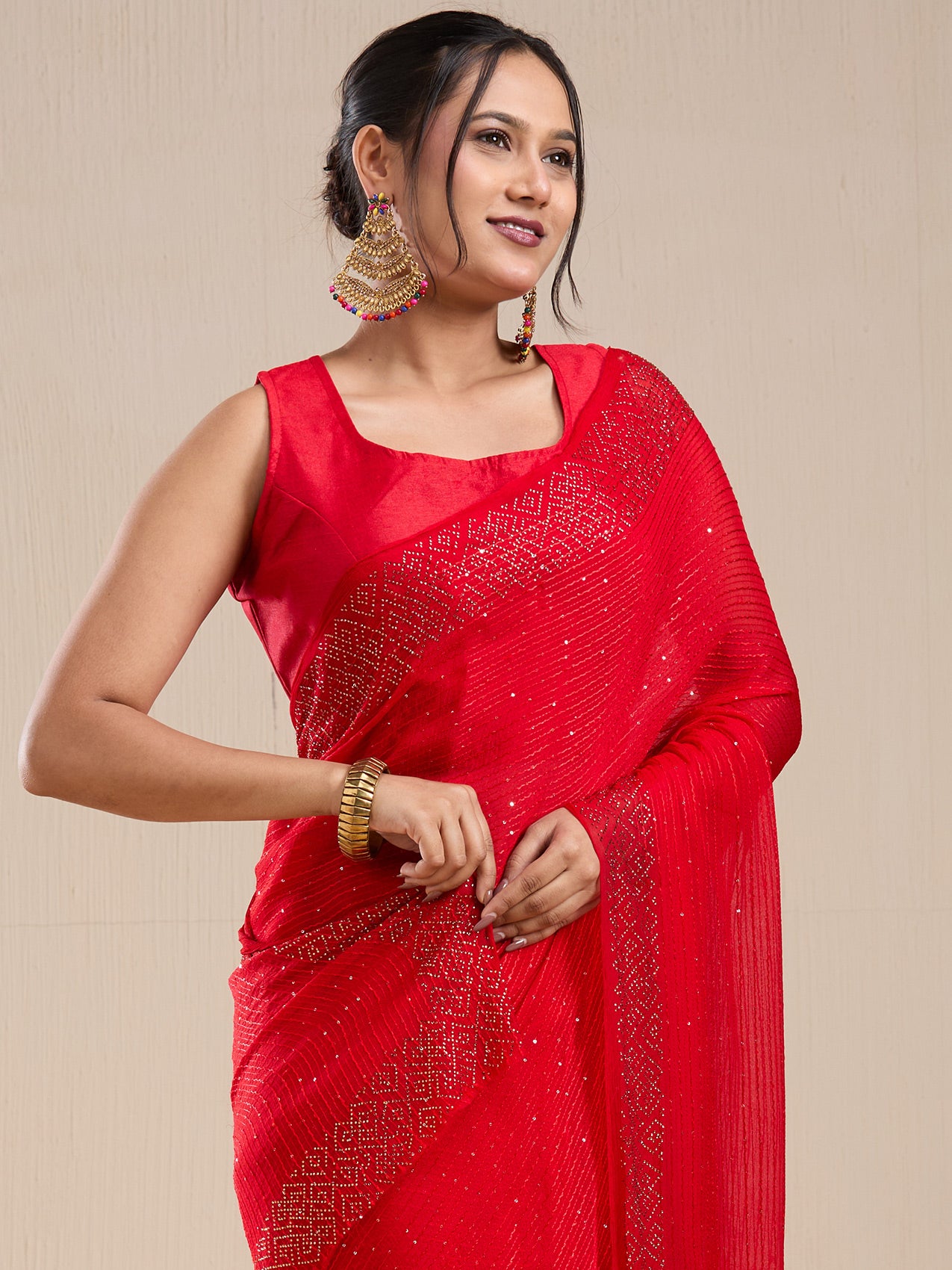 Vervee Couture Red Poly Georgette Saree with Embellished Border and Semi Stitched Blouse | EKA