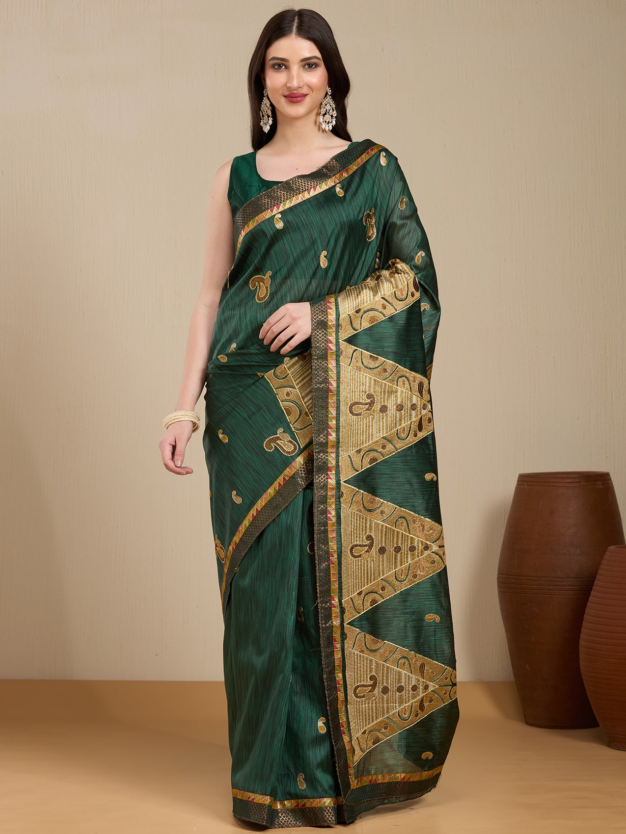 Vervee Couture Green Silk Blend Saree with Zari Woven Border | EKA