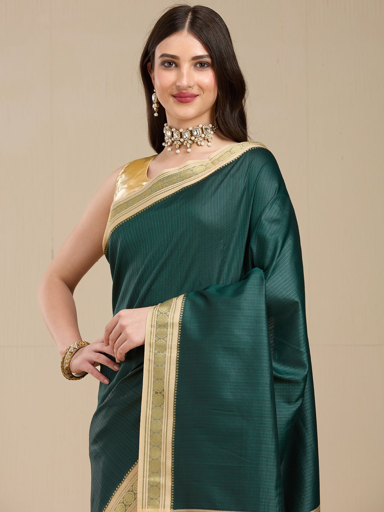 Vervee Couture Green Silk Blend Saree with Zari Border | EKA