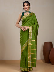 Vervee Couture Green Silk Blend Saree with Zari Border and Semi Stitched Blouse | EKA