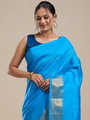 Vervee Couture Blue Silk Blend Saree with Zari Border and Semi Stitched Blouse | EKA