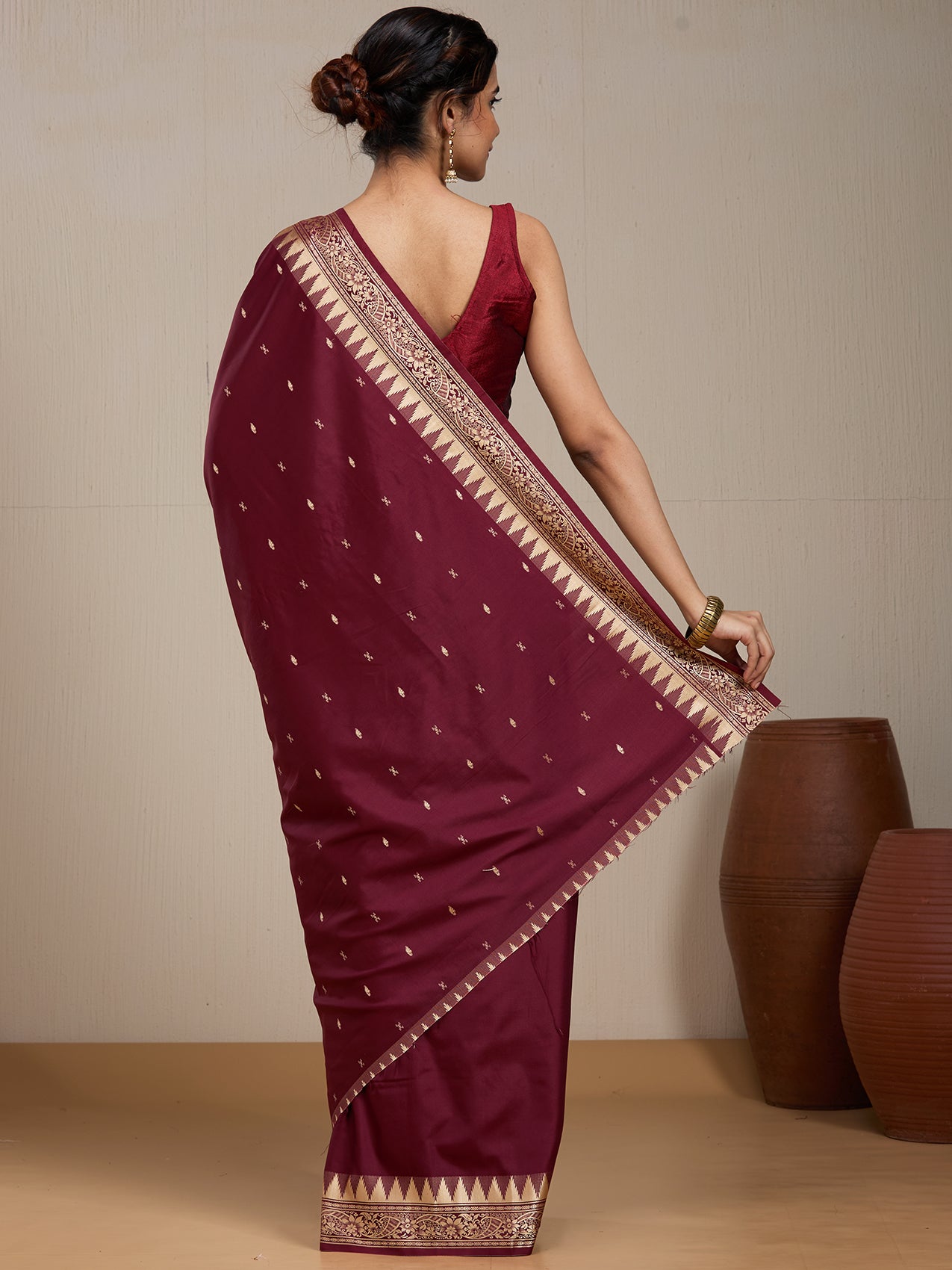 Vervee Couture Dark Maroon Gold Printed Silk Blend Saree | EKA